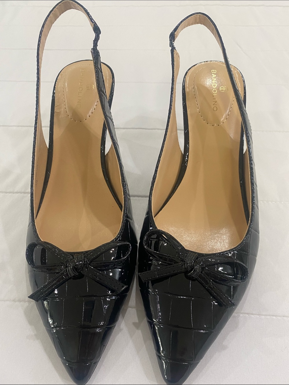 Bandolino Black Patent Pointed-Toe Slingback Mules with Bow Size 8